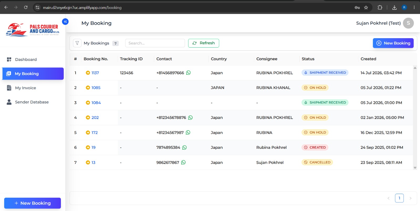 Pals Courier and Cargo dashboard showing booking summary and account balance